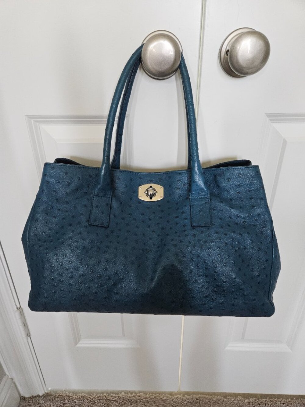 FURLA APPALOOSA EAST WEST BLUE OSTRICH EMBOSSED LEATHER "TOTE" HANDBAG